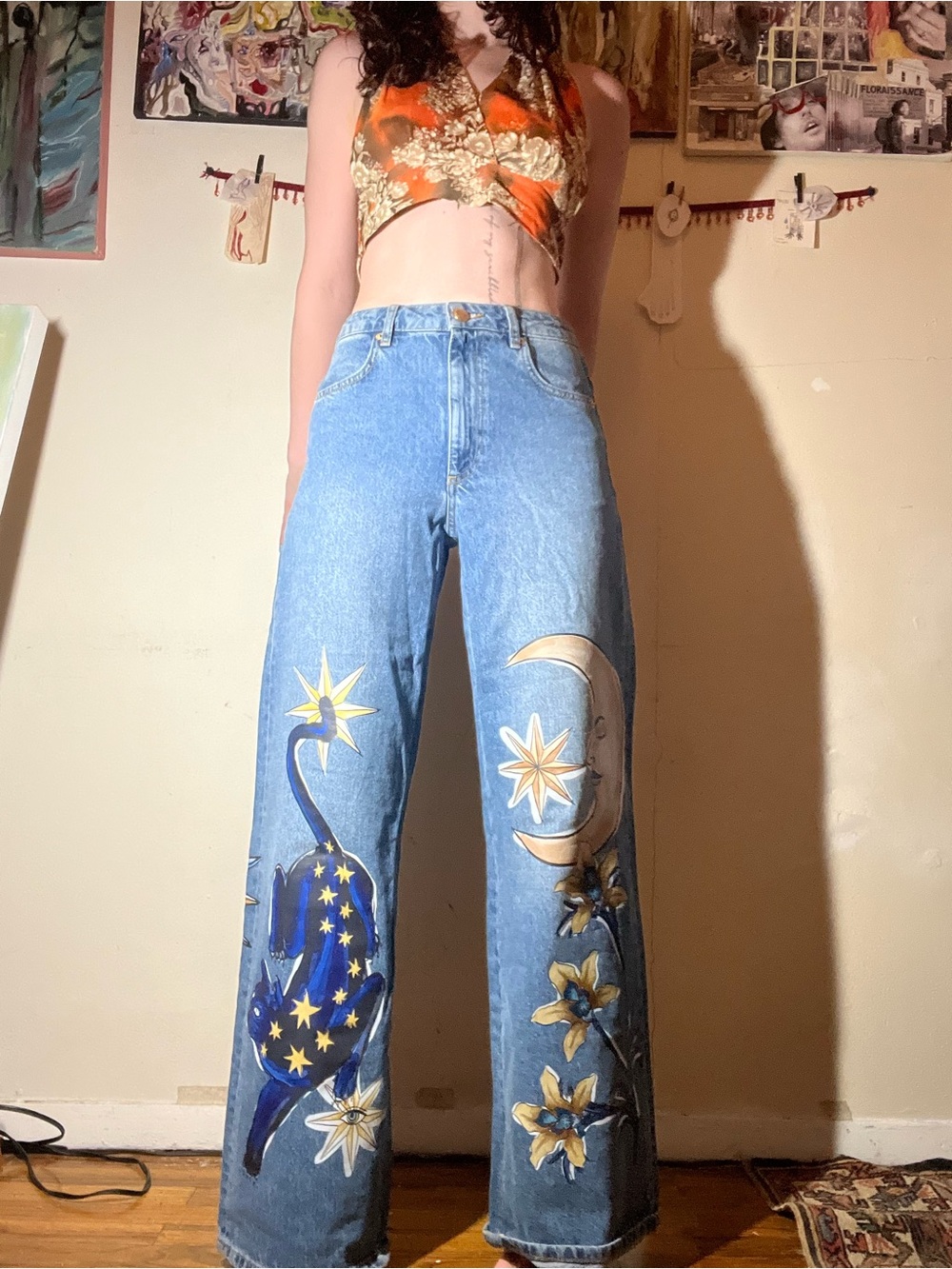Mystical sun and moon print wide leg denim